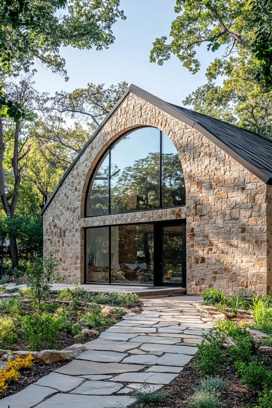 Stone house with arched glass front