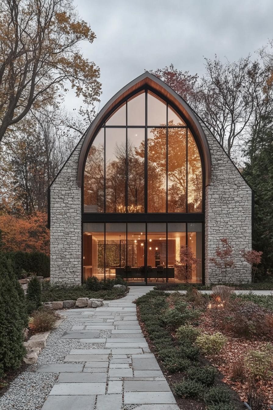 Stone house with large glass facade and autumn setting