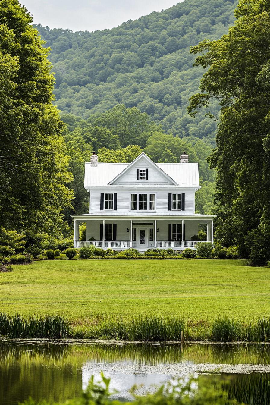 White farmhouse with large porch set against lush, green hills