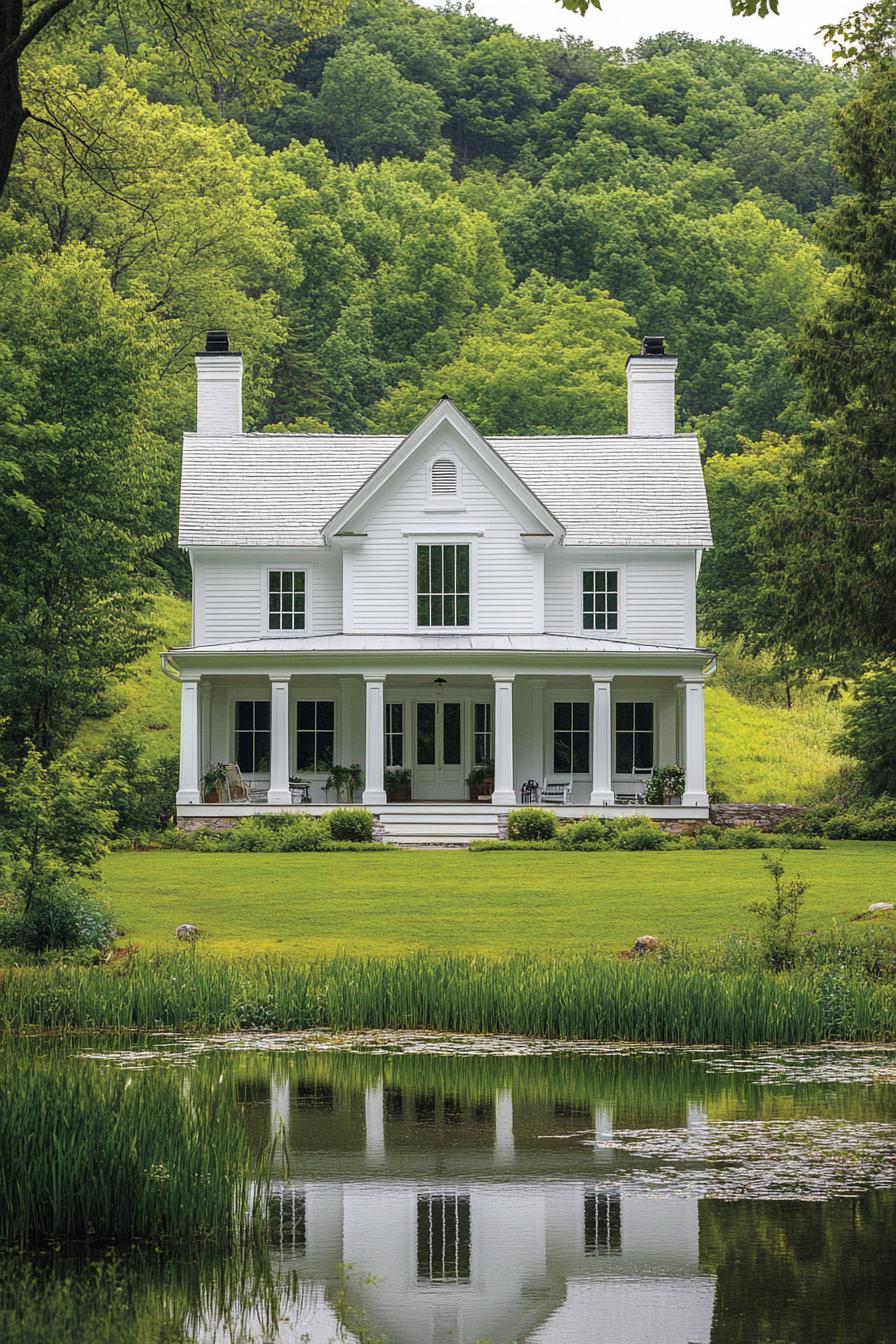 White farmhouse with a pond and trees