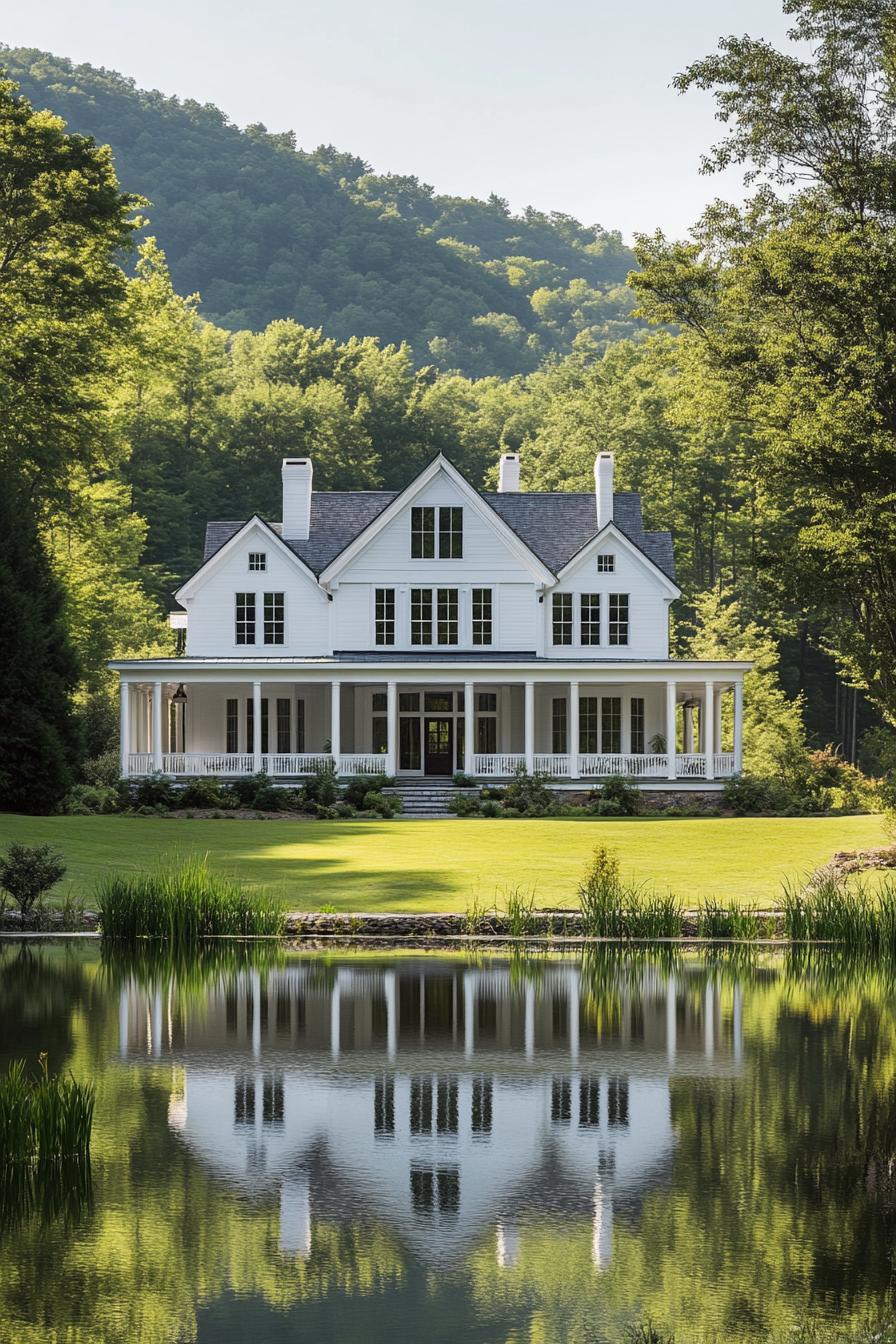 White farmhouse with lush green surroundings reflected in a pond