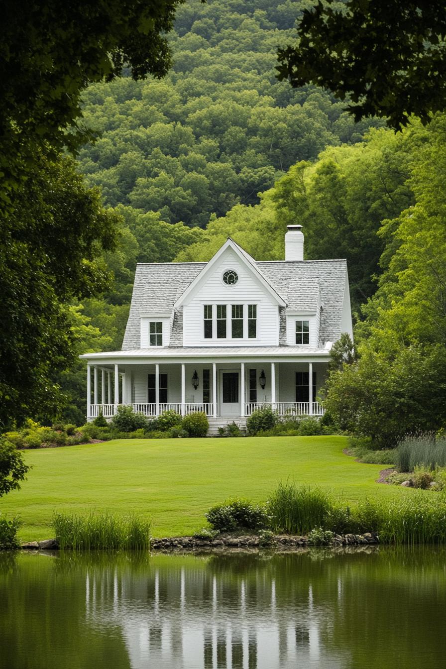 White farmhouse with a wraparound porch in a lush green setting