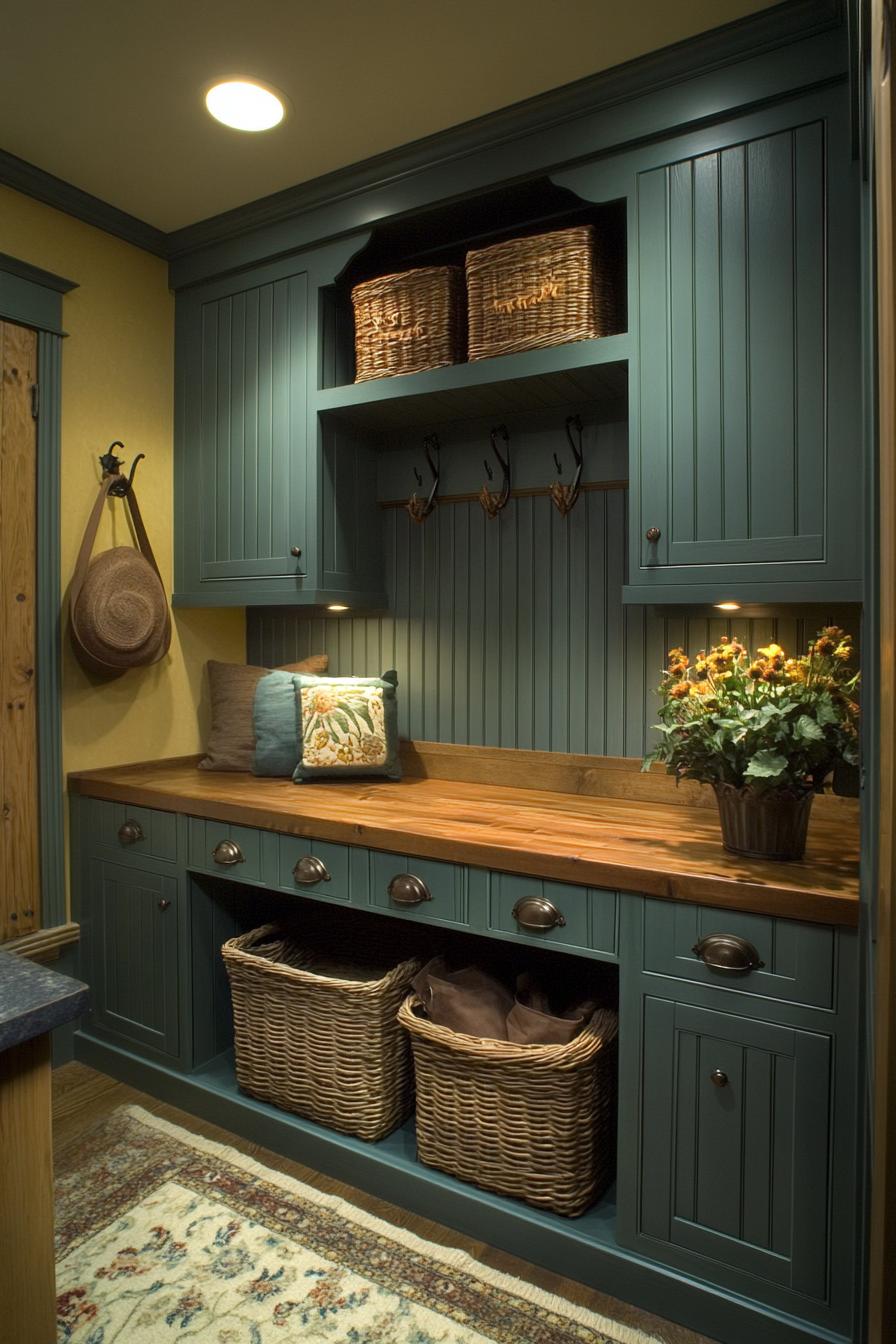 Cozy mudroom with teal cabinets and wicker baskets