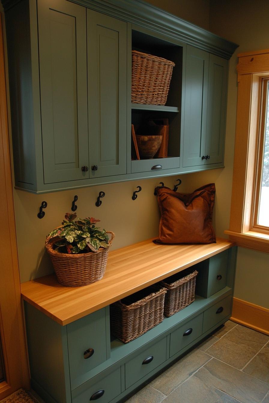 Cozy mudroom with green cabinets and bench