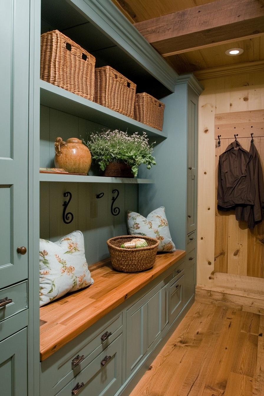 Cozy nook with wooden accents and storage