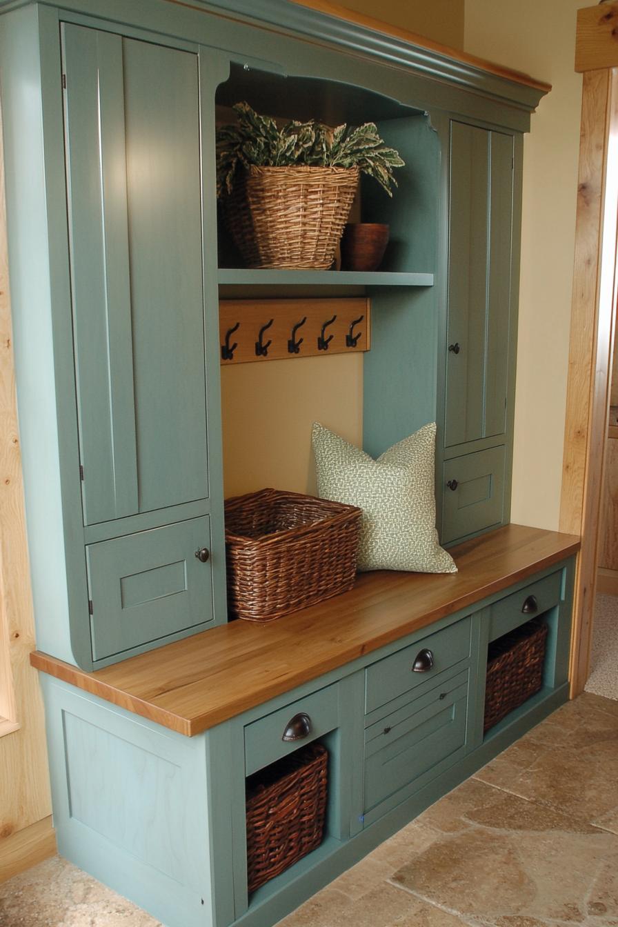 Wooden bench with hooks, baskets, and cabinets