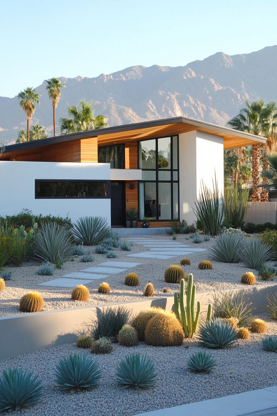 Modern house with desert landscaping and mountain backdrop