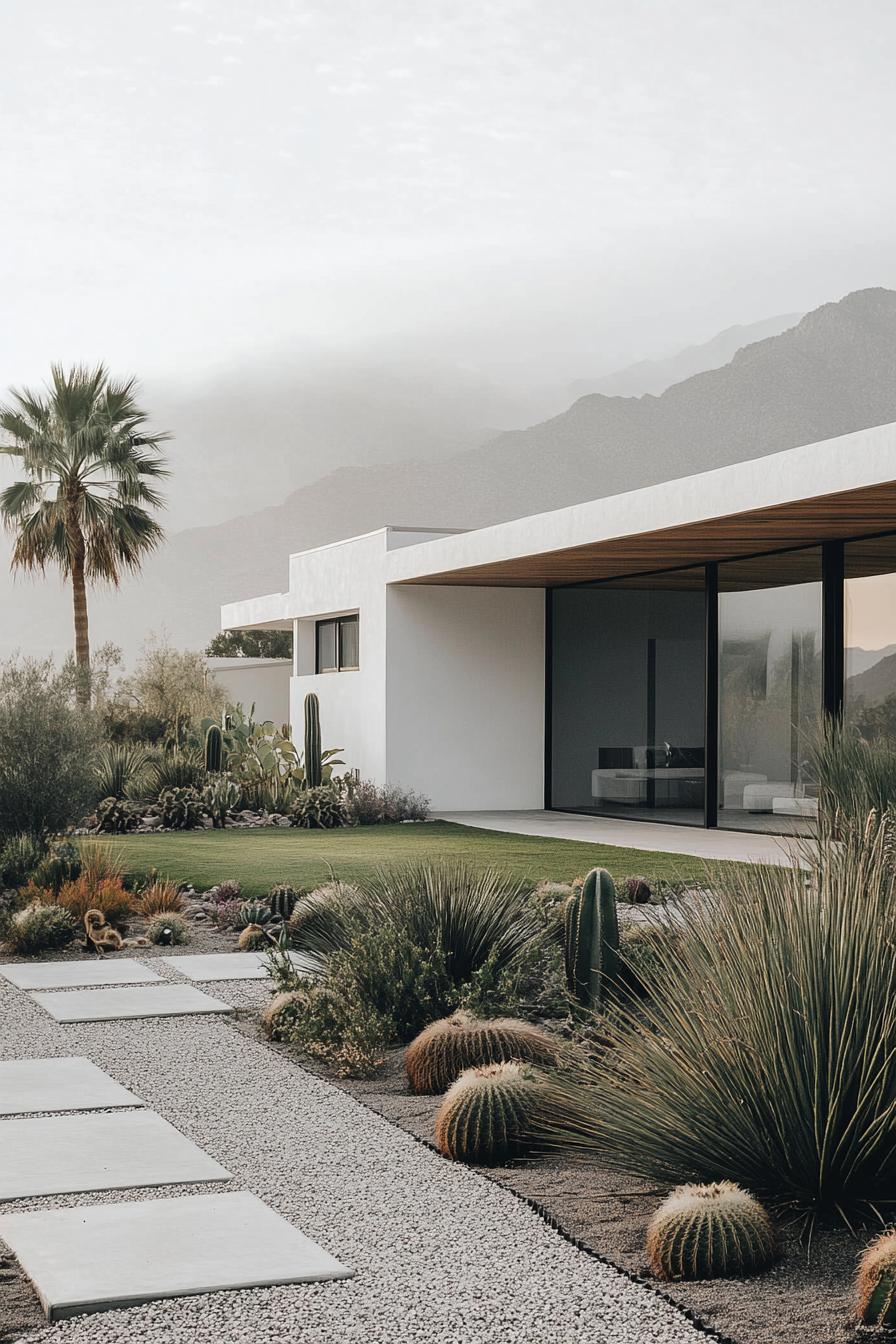 A sleek mid-century modern house with desert landscaping