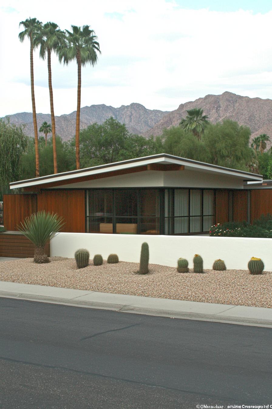 Mid-century modern house with desert landscaping and mountains