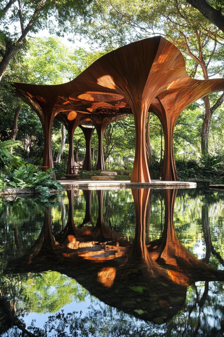 Wooden pavilion with tree-like columns and a reflective pool