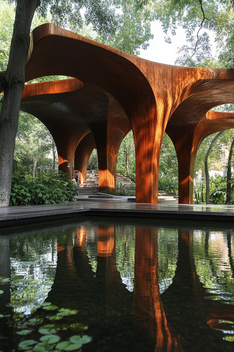 Reflective pond under wooden arches