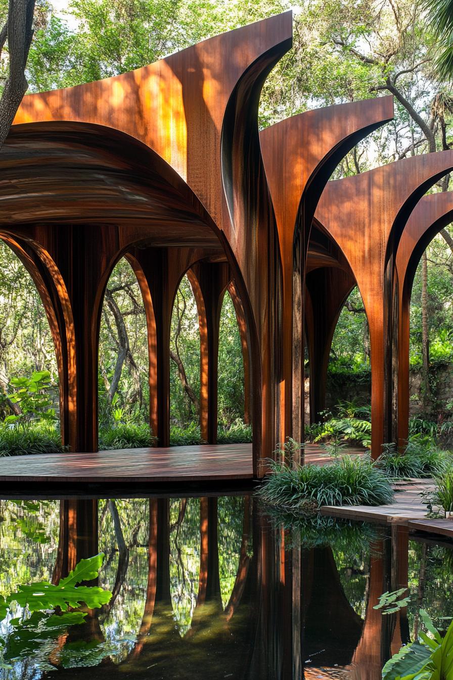 Curved wooden pavilion by a reflective pond