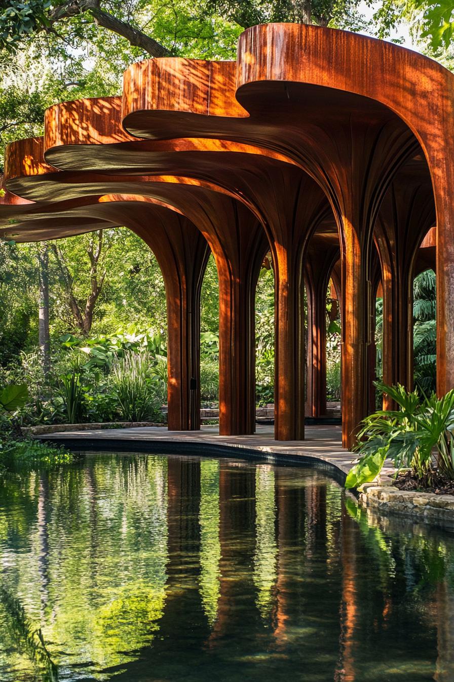 Contemporary pavilion with a wavy wooden roof near a pond