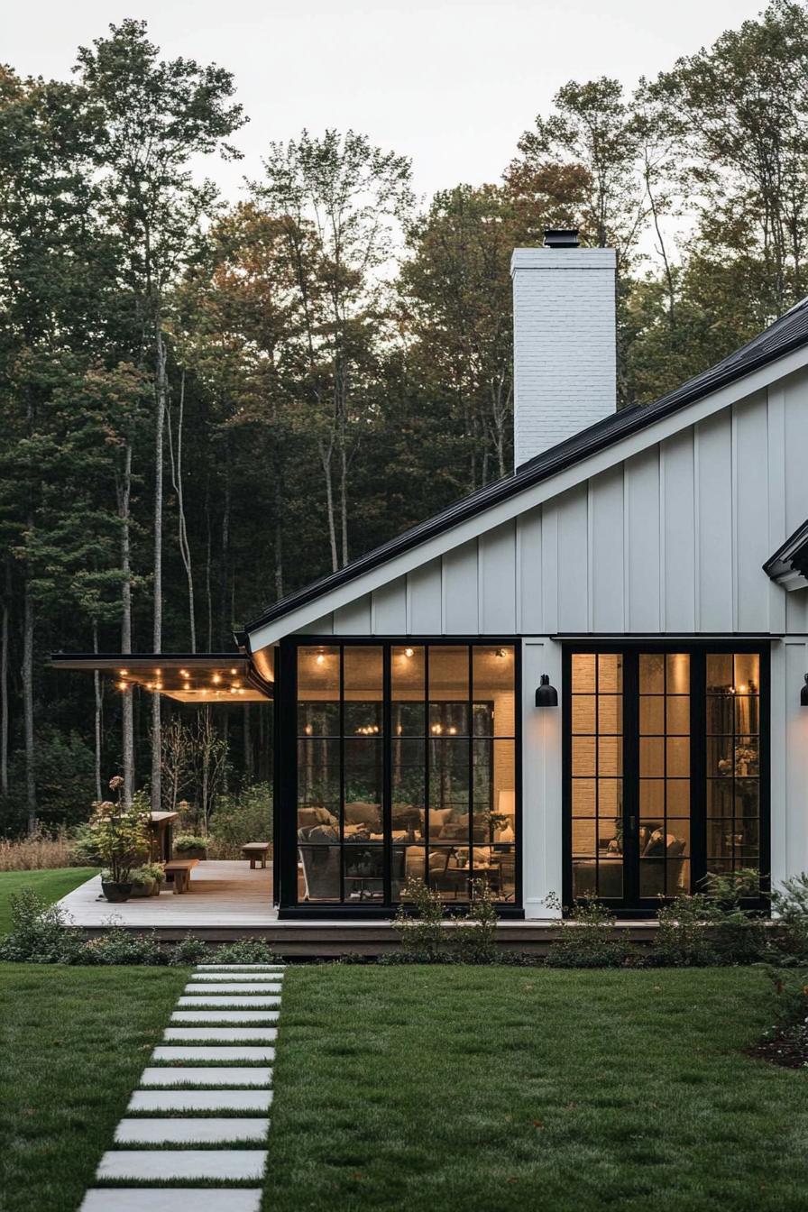 Modern farmhouse with glass doors at sunset