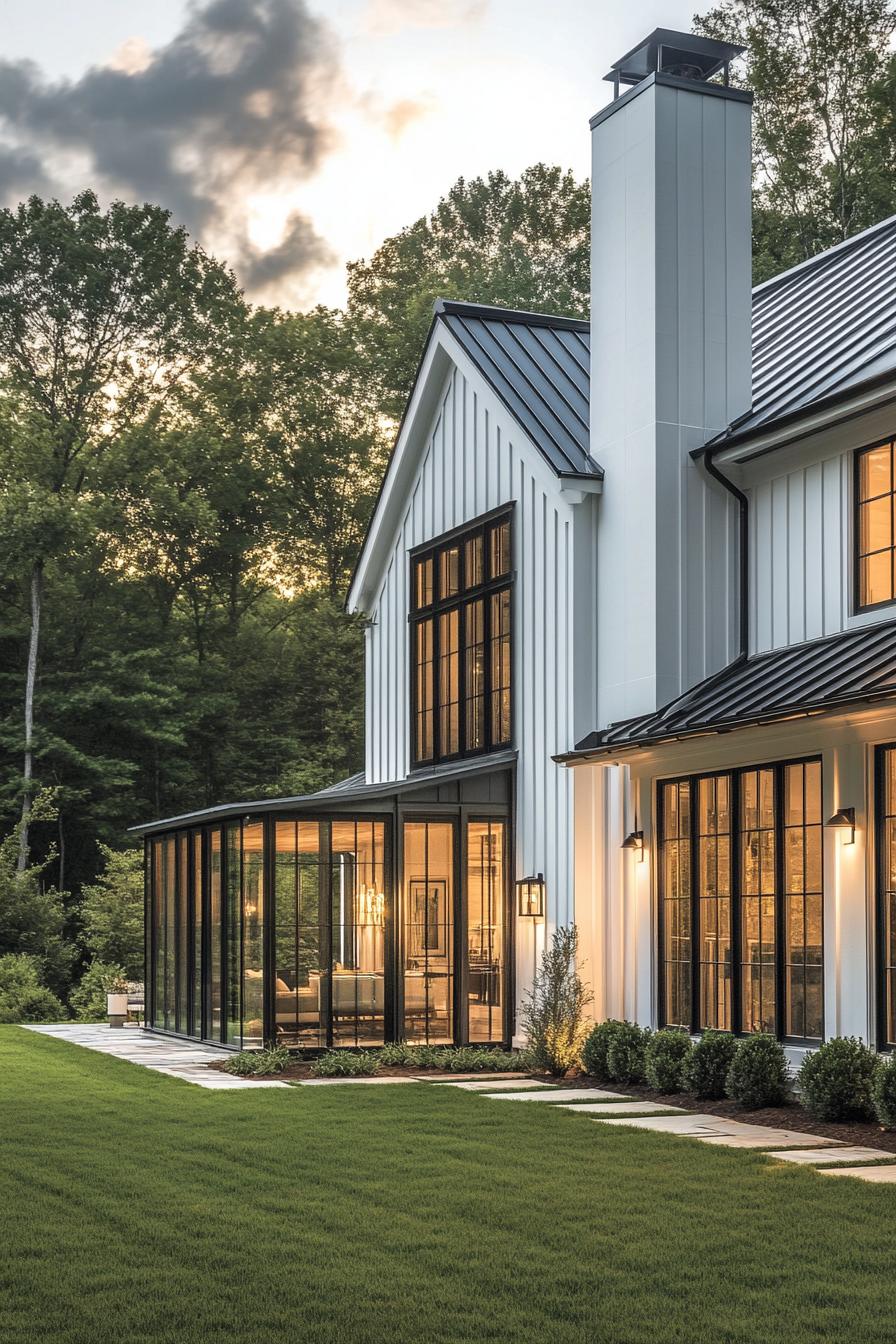 Modern farmhouse with large windows and a picturesque lawn