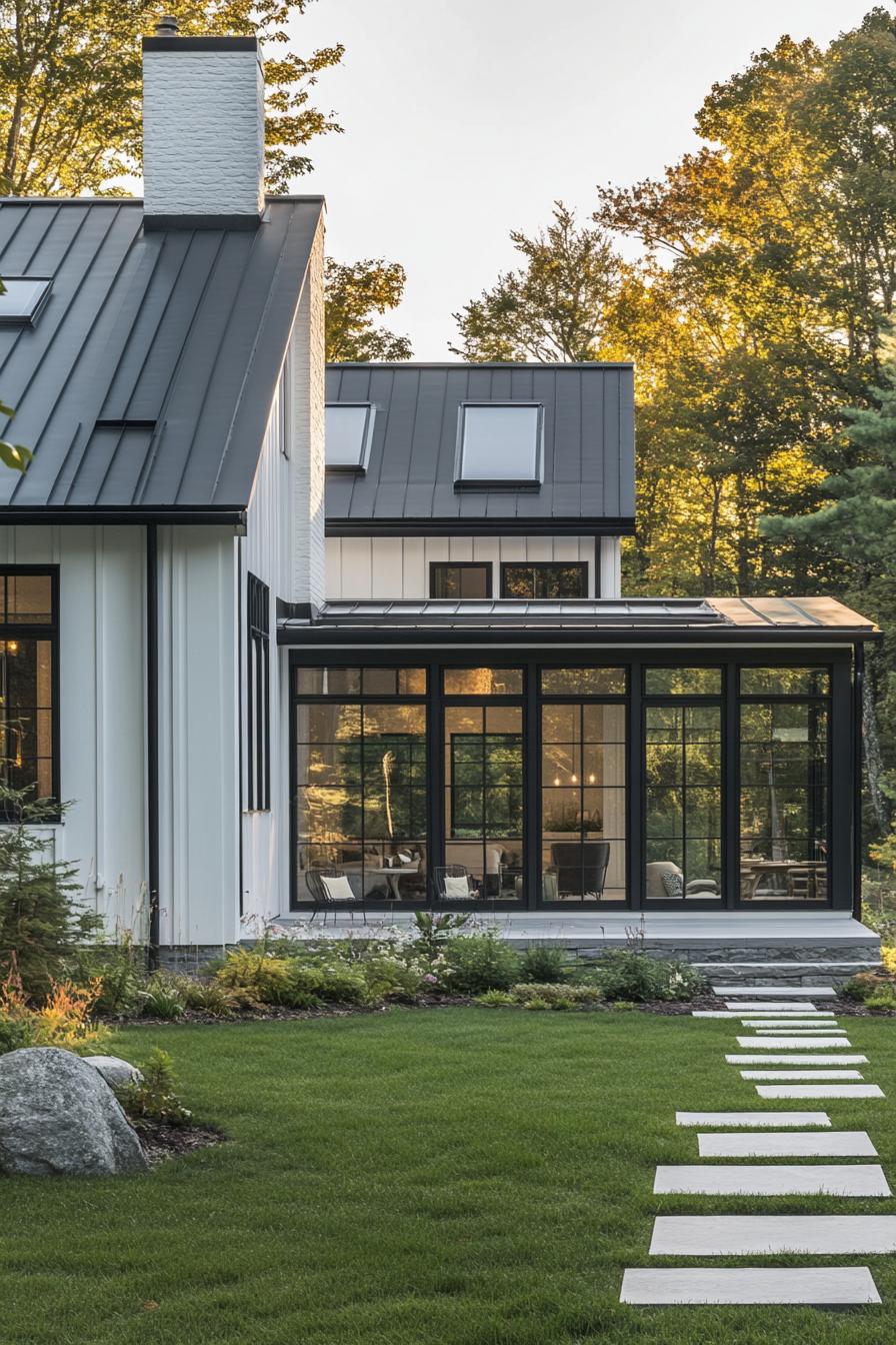 Modern farmhouse with a black metal roof and large windows