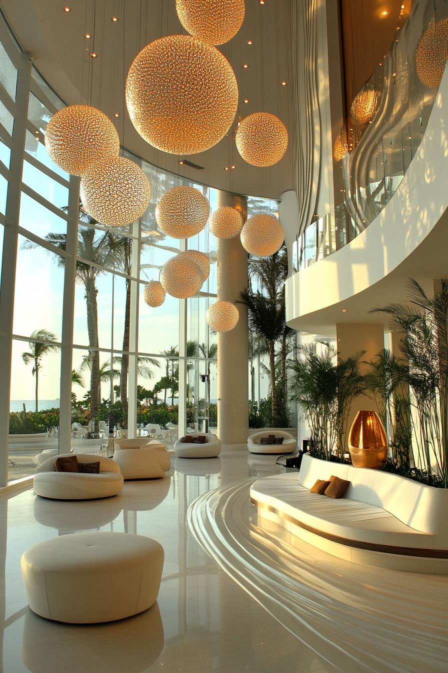 Luxurious lobby with large spherical lights