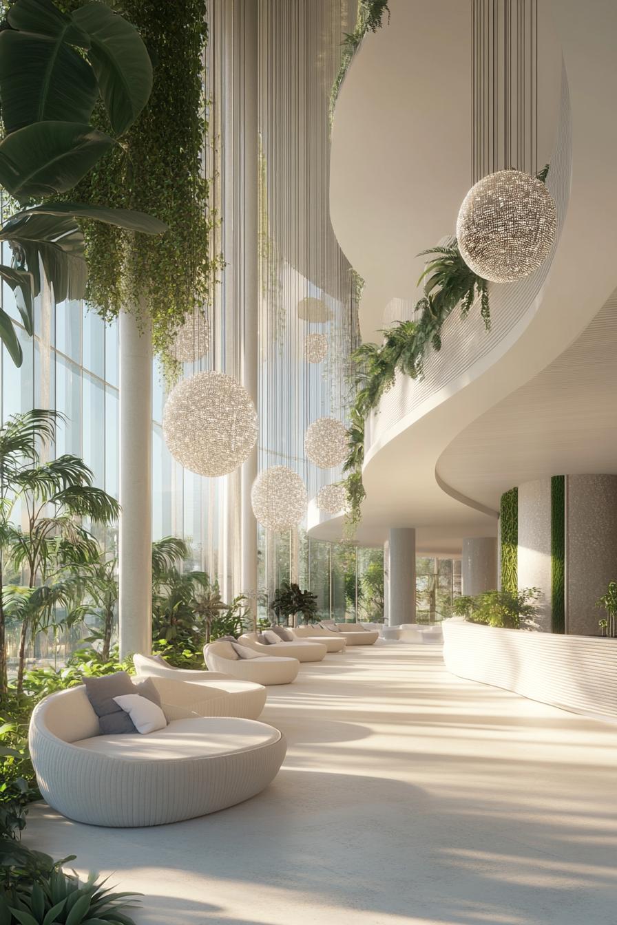 Luxurious lobby with hanging spheres and lush greenery