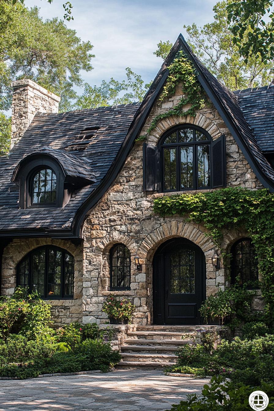 Rustic stone cottage with arched windows