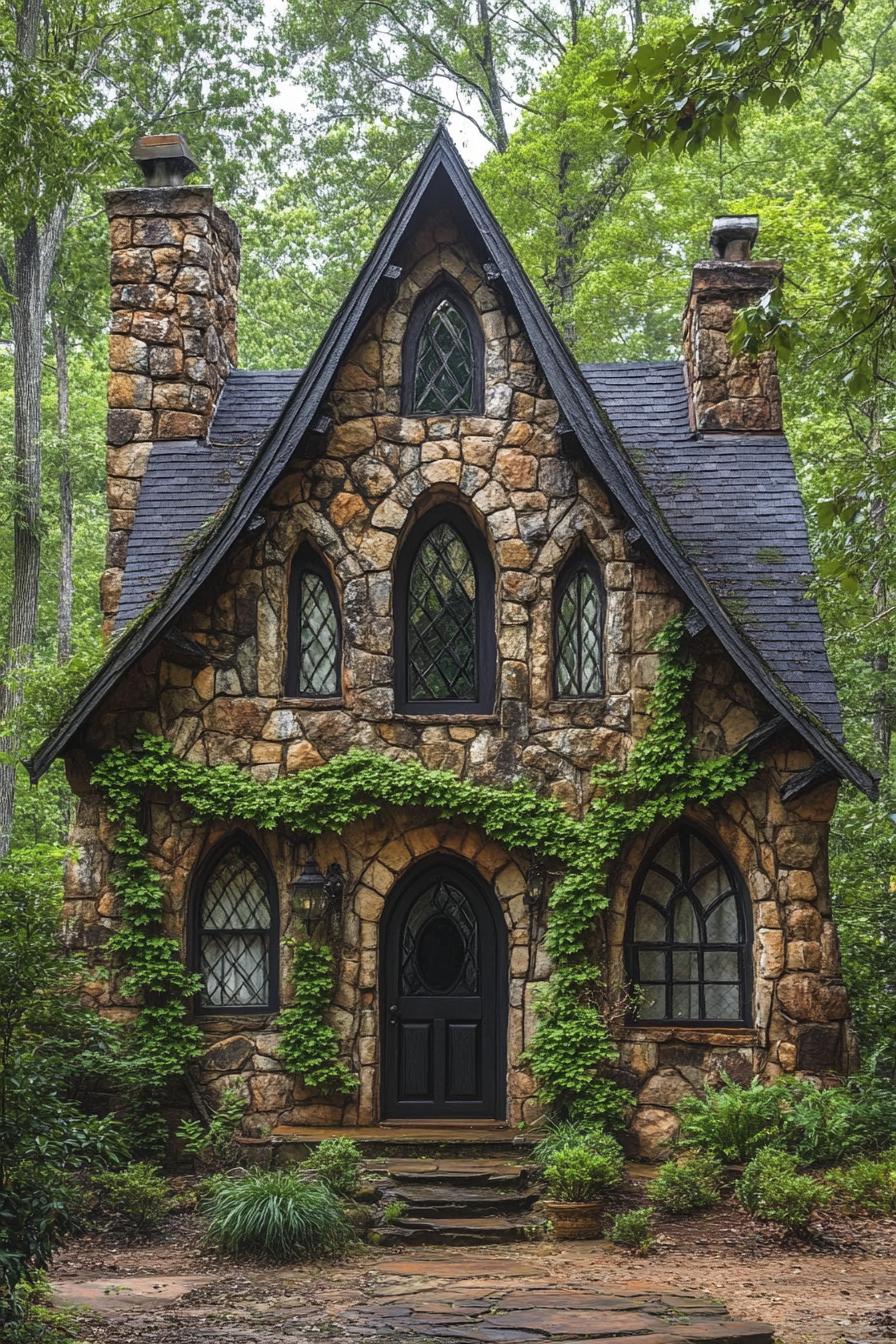 Charming stone cottage with pointed roof surrounded by greenery