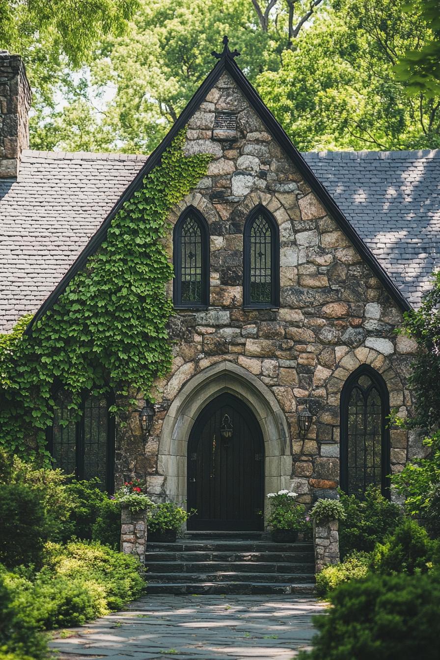 Cozy stone house with arched windows and ivy