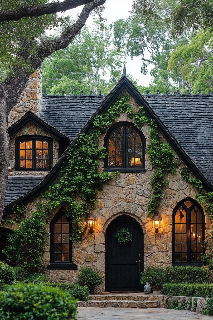 Charming stone cottage with ivy-covered walls and arched windows