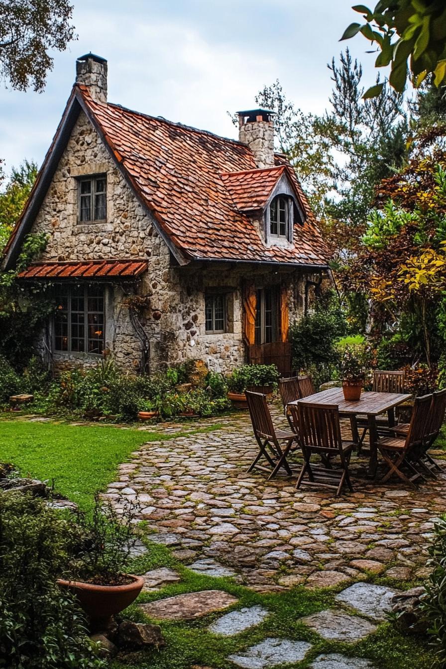 Quaint stone cottage with a wooden patio set