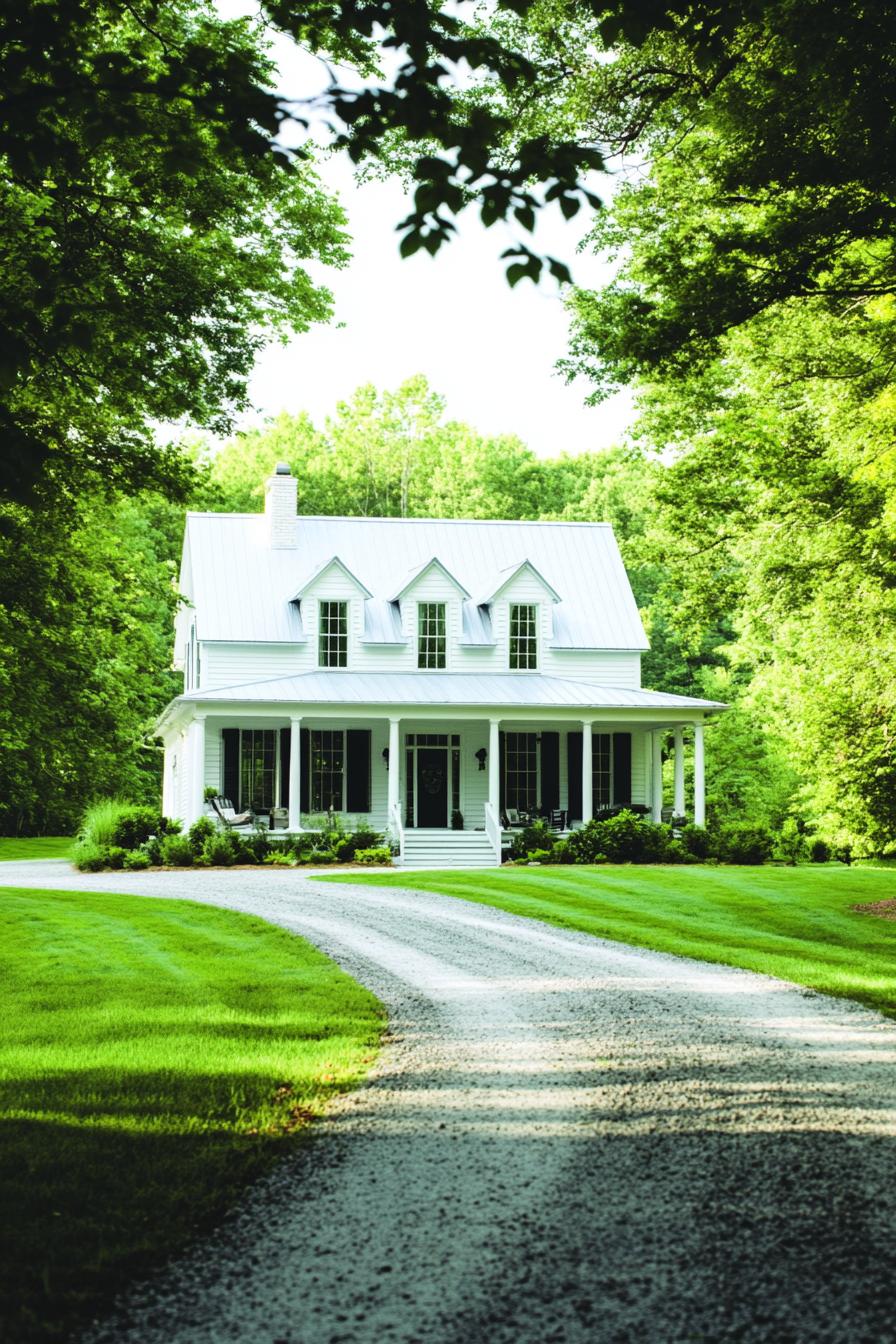 Elegant white house surrounded by lush greenery