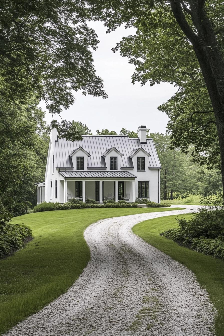 Idyllic house surrounded by lush greenery with a curved driveway