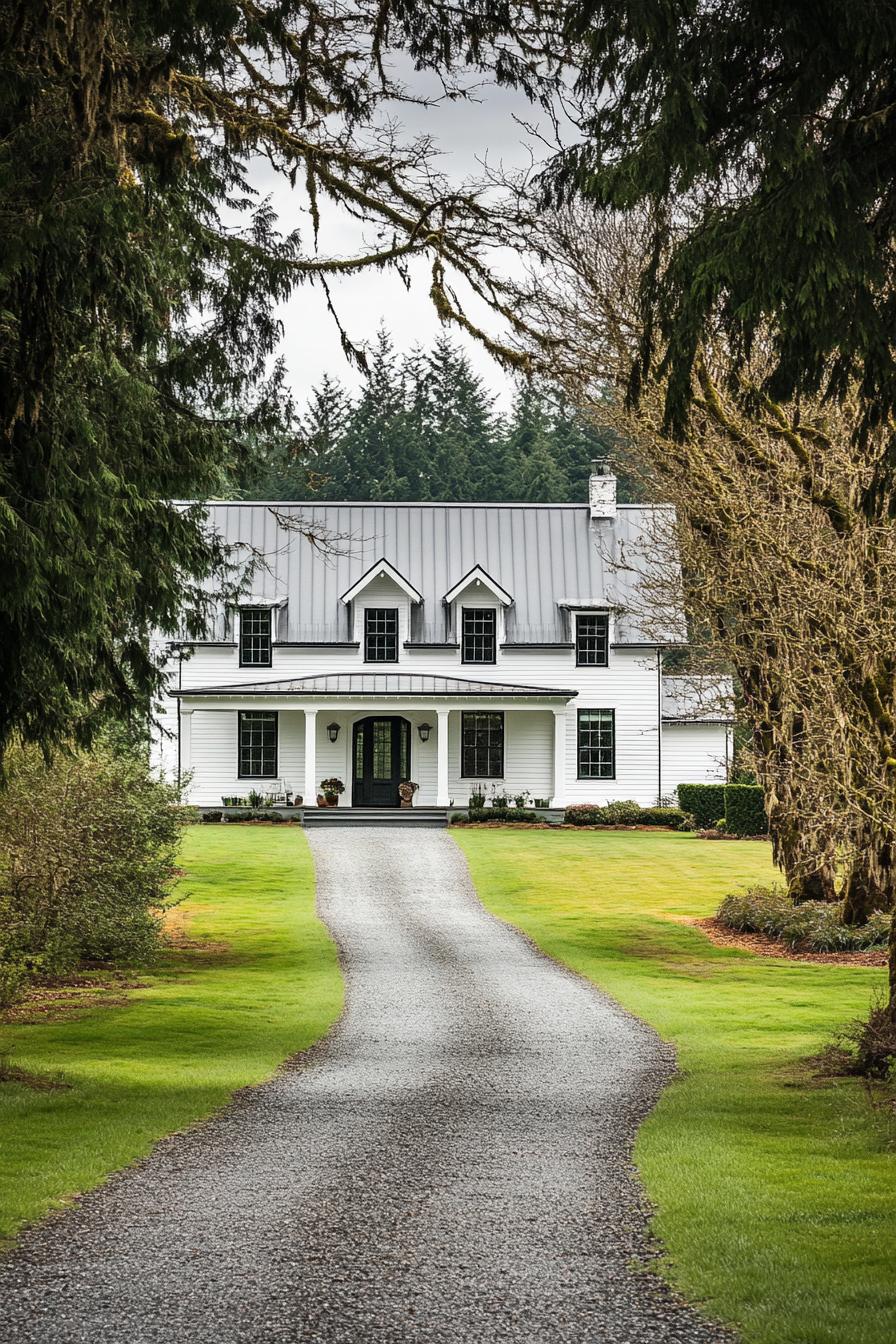 White house with a long gravel driveway