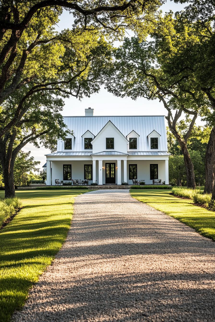 White house with metal roof surrounded by lush trees