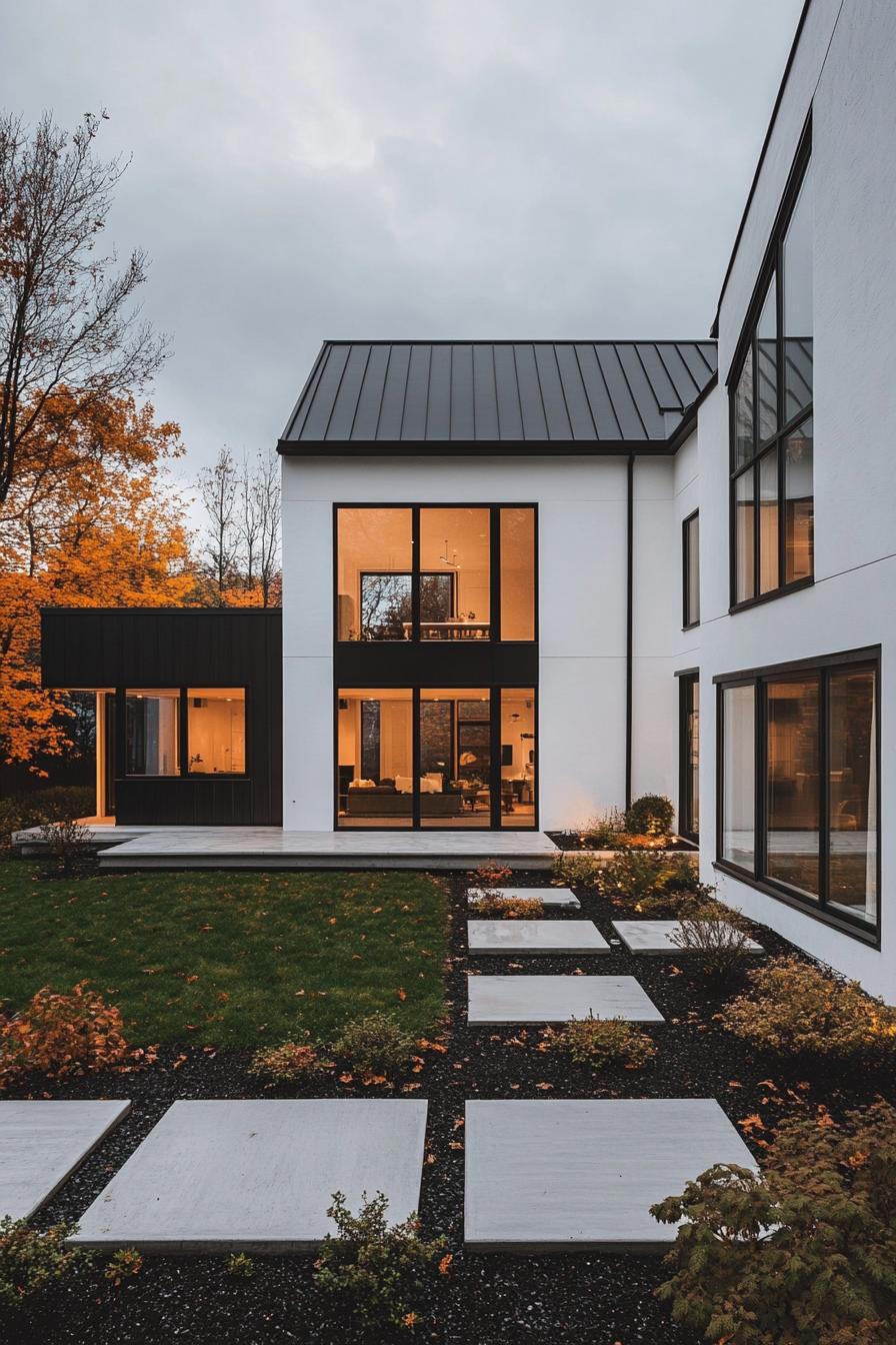 Contemporary house with large windows and autumn foliage