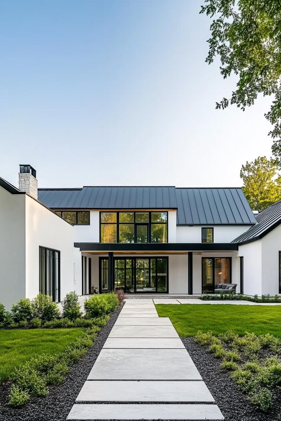 Sleek white house with a black roof and glass facade