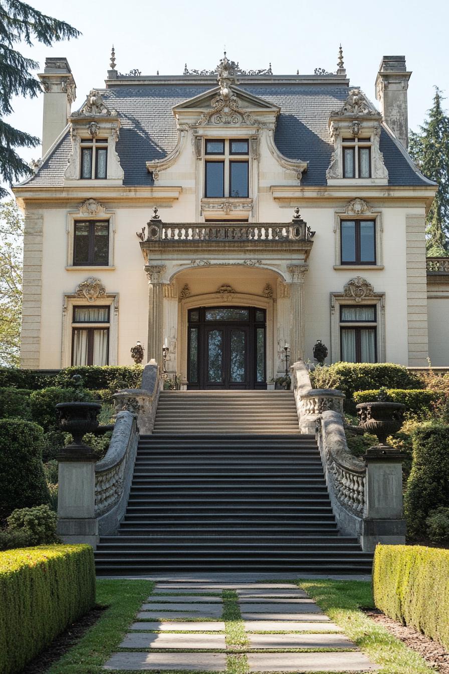 Stately mansion with grand staircase and ornate architecture