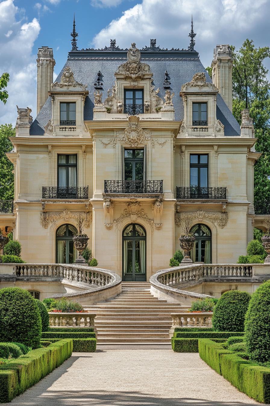 A lavish mansion with ornate architecture and lush gardens