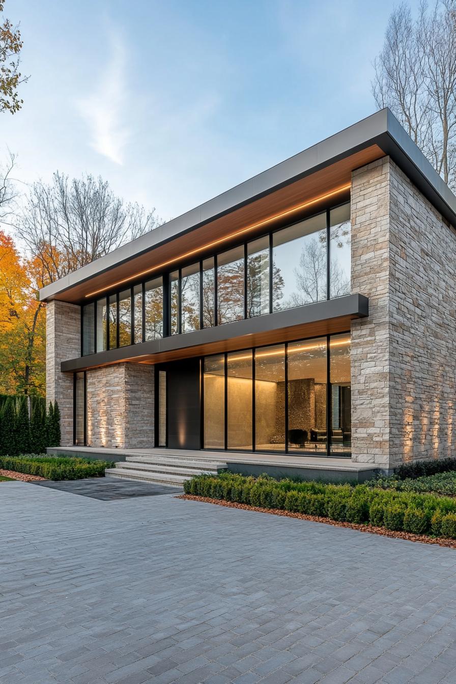 Contemporary home with large glass windows and stone walls