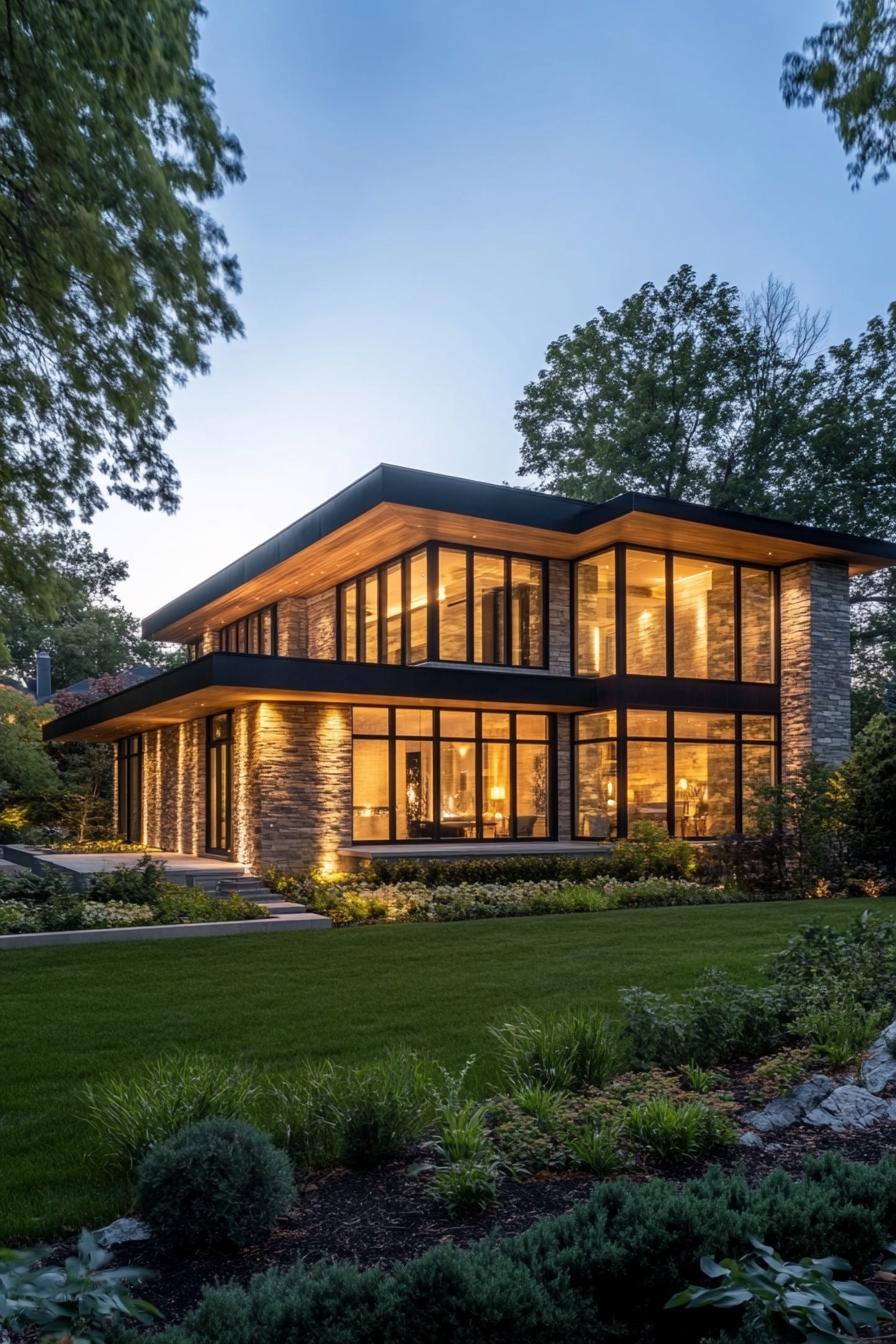 Modern house with large glass windows, surrounded by trees