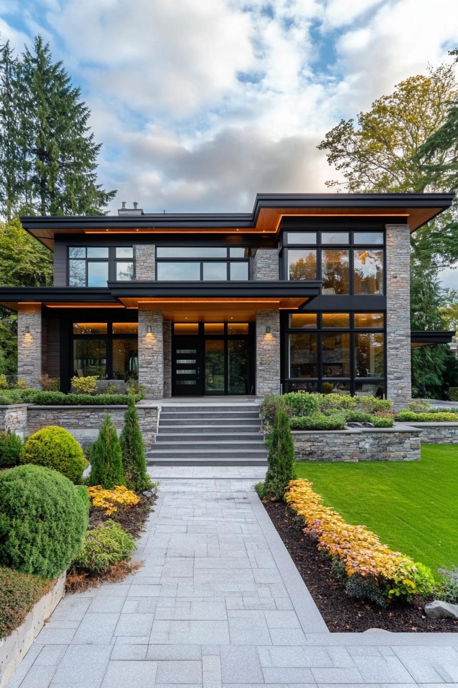 Two-story modern home with large windows and garden