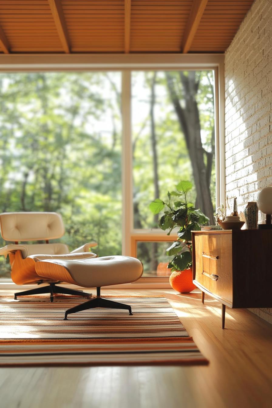 Mid-century modern living room with large window