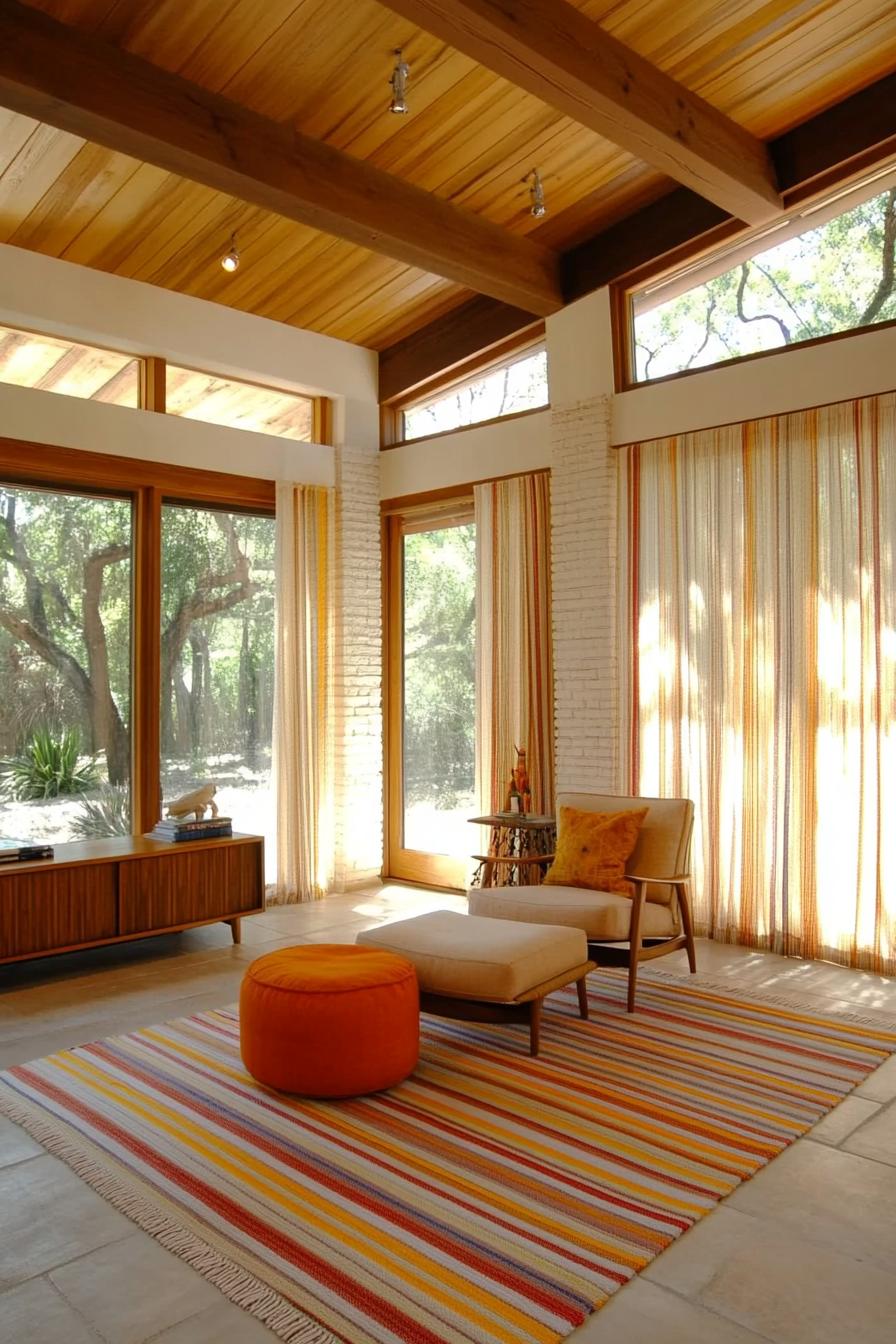 Bright living room with large windows and colorful striped rug