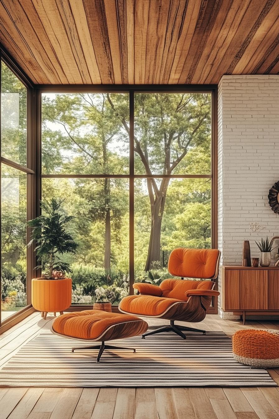 Mid-century modern living room with large windows and orange furniture