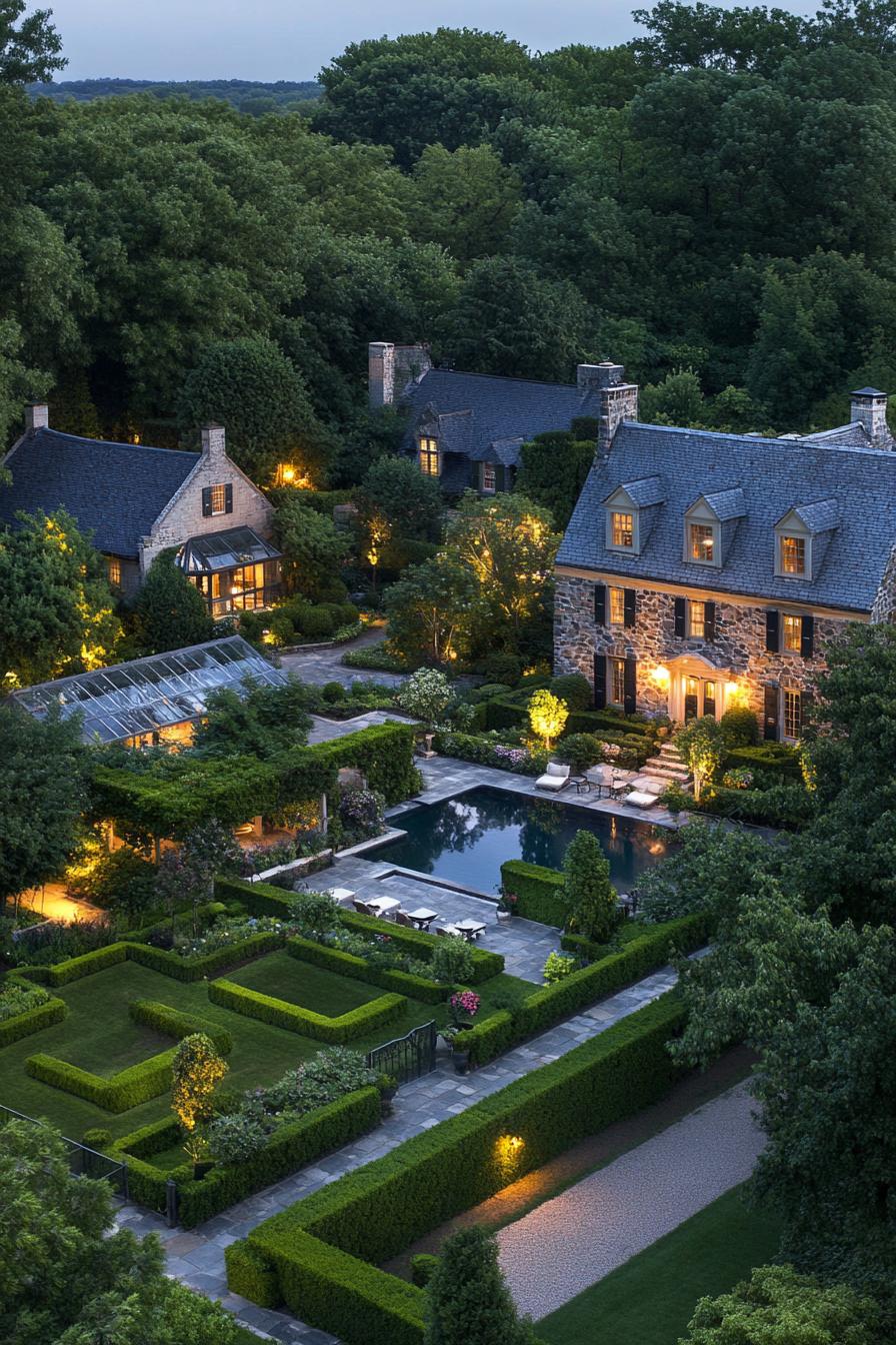 Elegant stone manor with lush gardens and pool at dusk