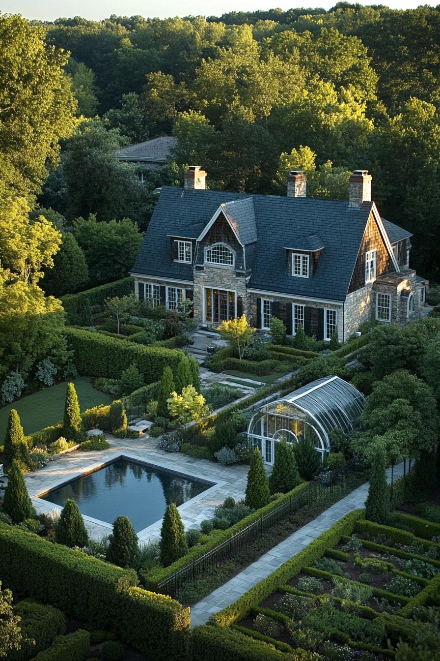 Lush garden surrounds a large stone house