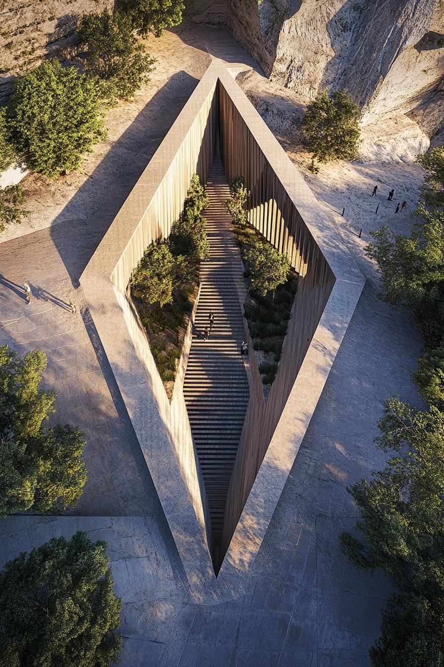 Wooden pavilion with a geometric design and central walkway