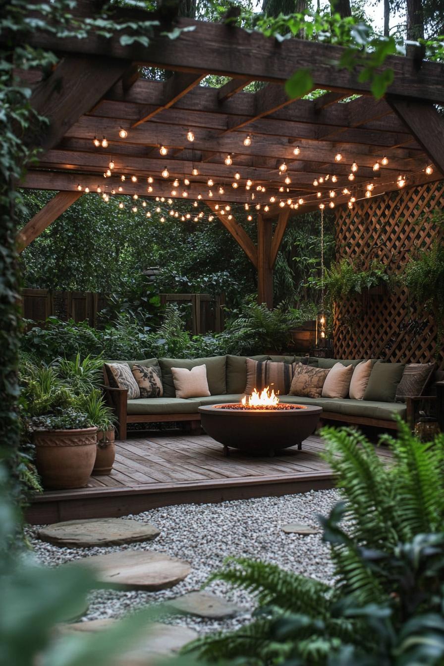 Outdoor cozy seating with string lights and fire pit