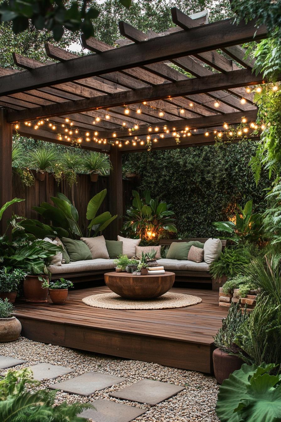 Cozy patio with string lights and lush greenery