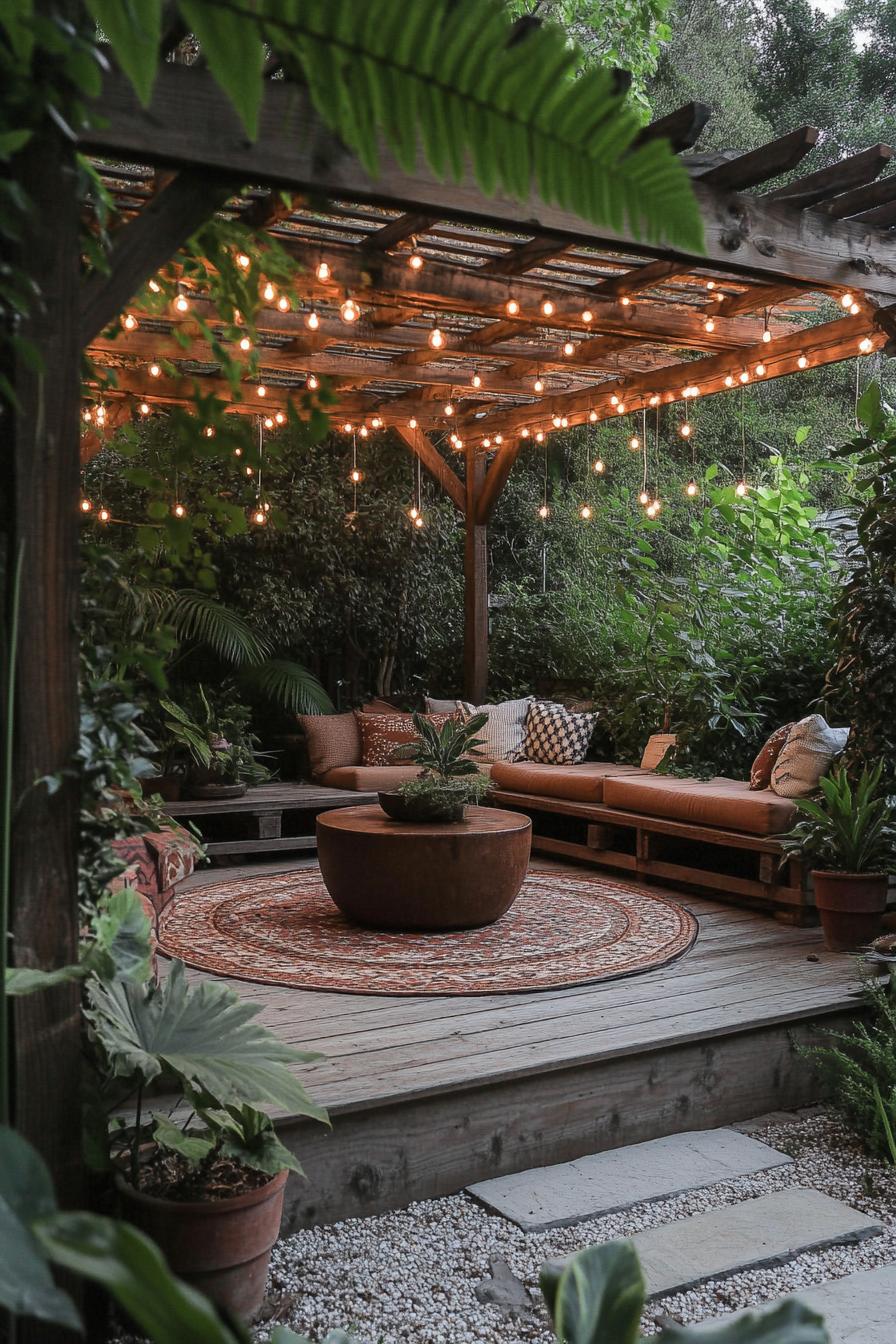 Outdoor living room with pergola and string lights