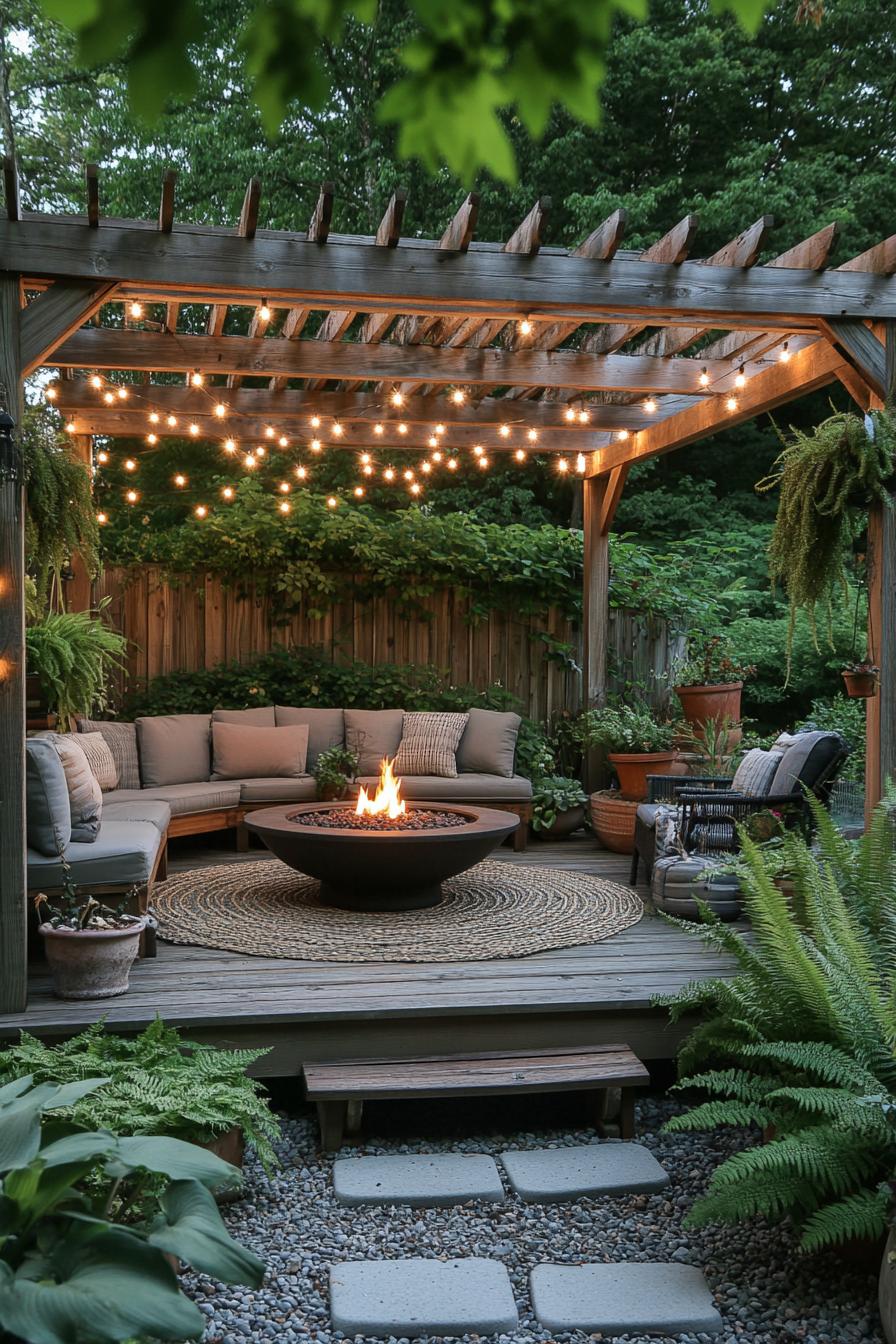 Wooden deck with cozy seating and string lights overhead