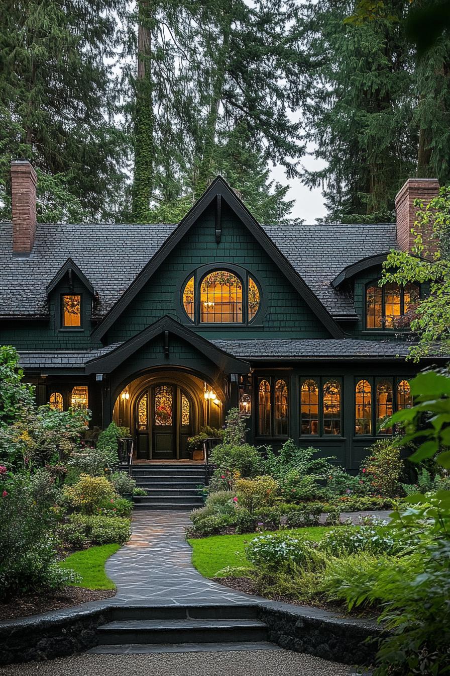 Charming dark green cottage amid lush greenery