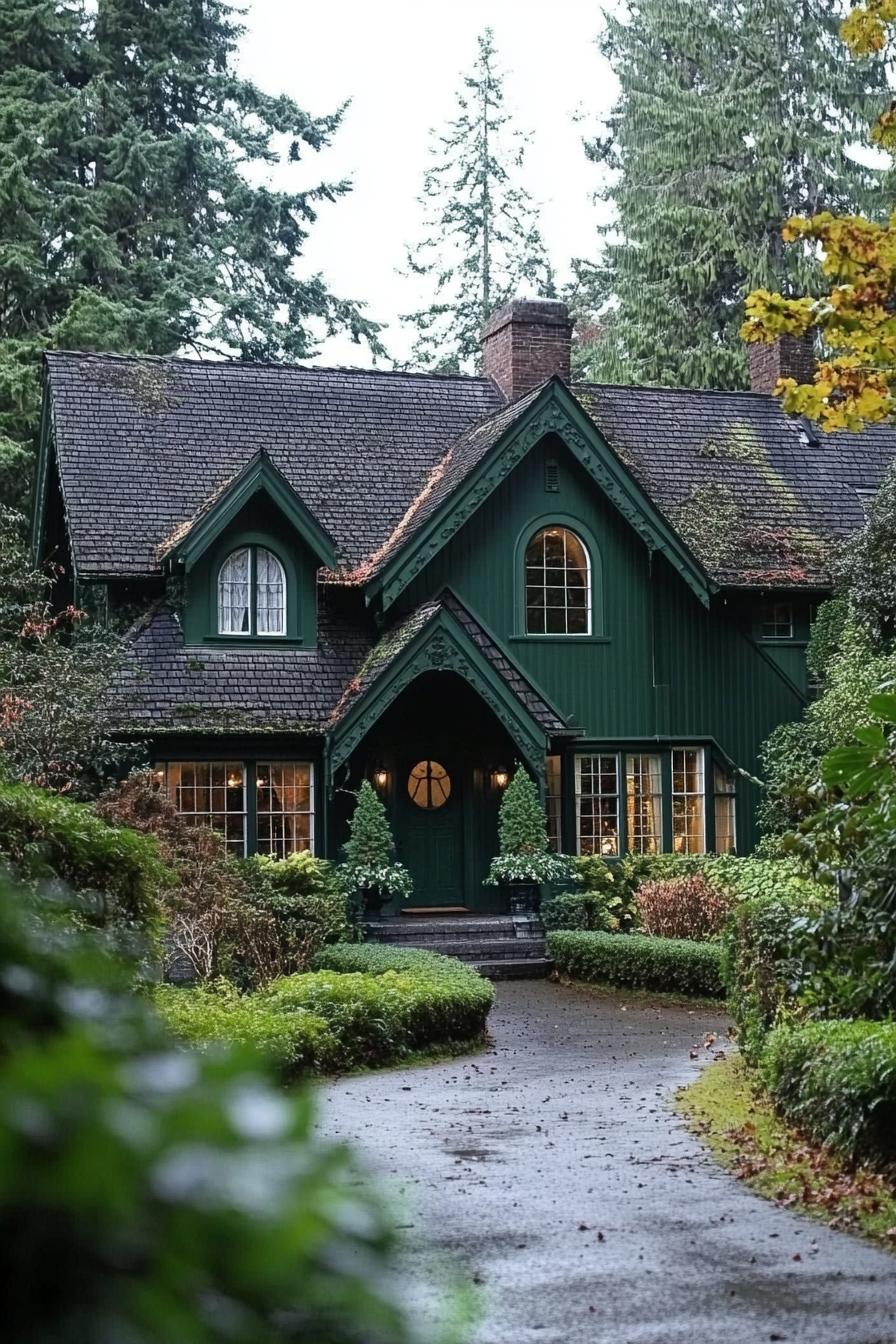 A dark, rustic cottage surrounded by lush greenery